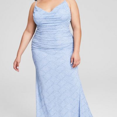 B Darlin Trendy Plus Size Glitter-Knit Ruched Gown - Light Blue